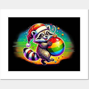 Raccoon with Christmas Ornament Posters and Art